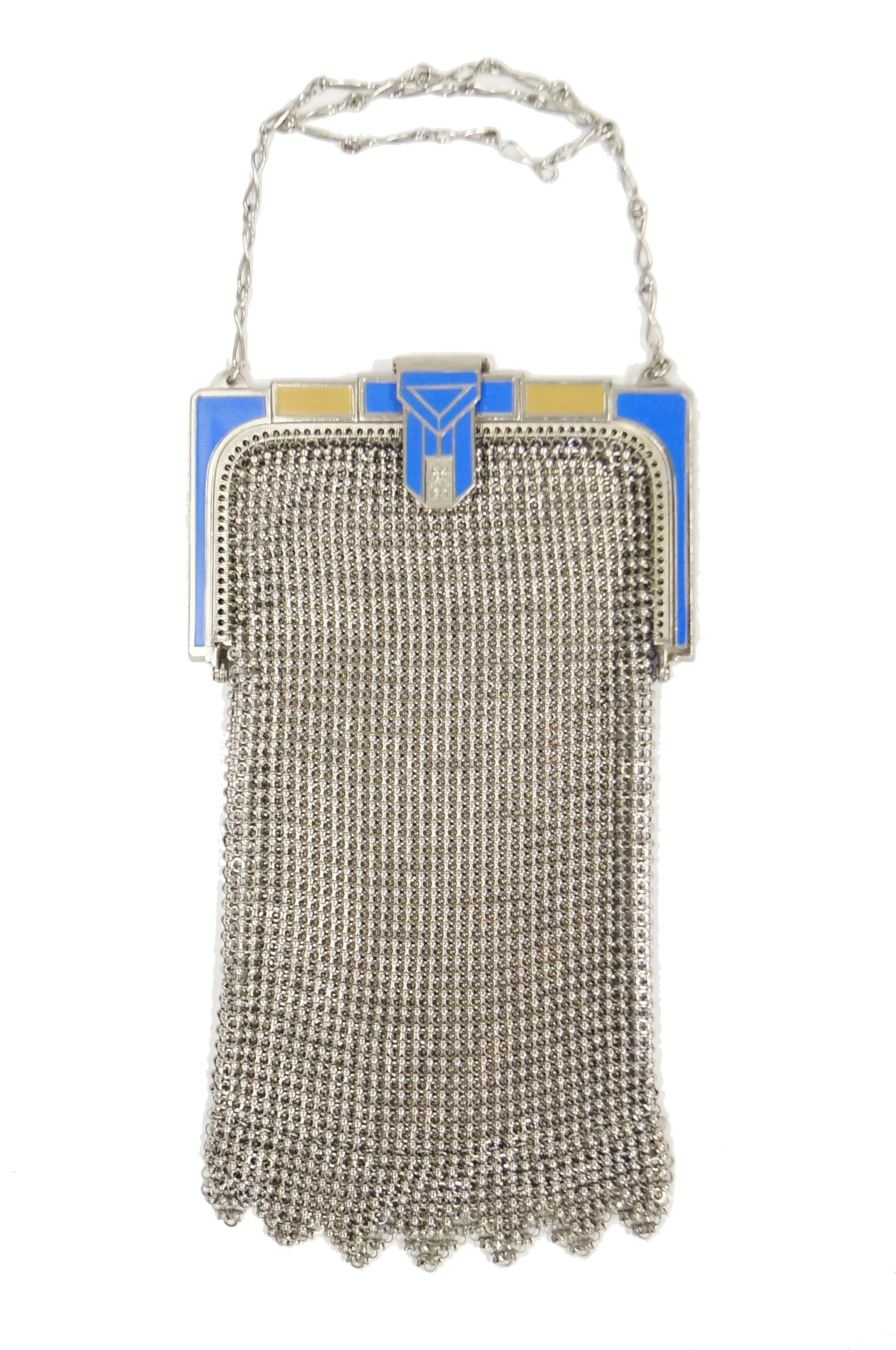 1920s Whiting and Davis Blue Enamel Art Deco Clasp Mesh Bag