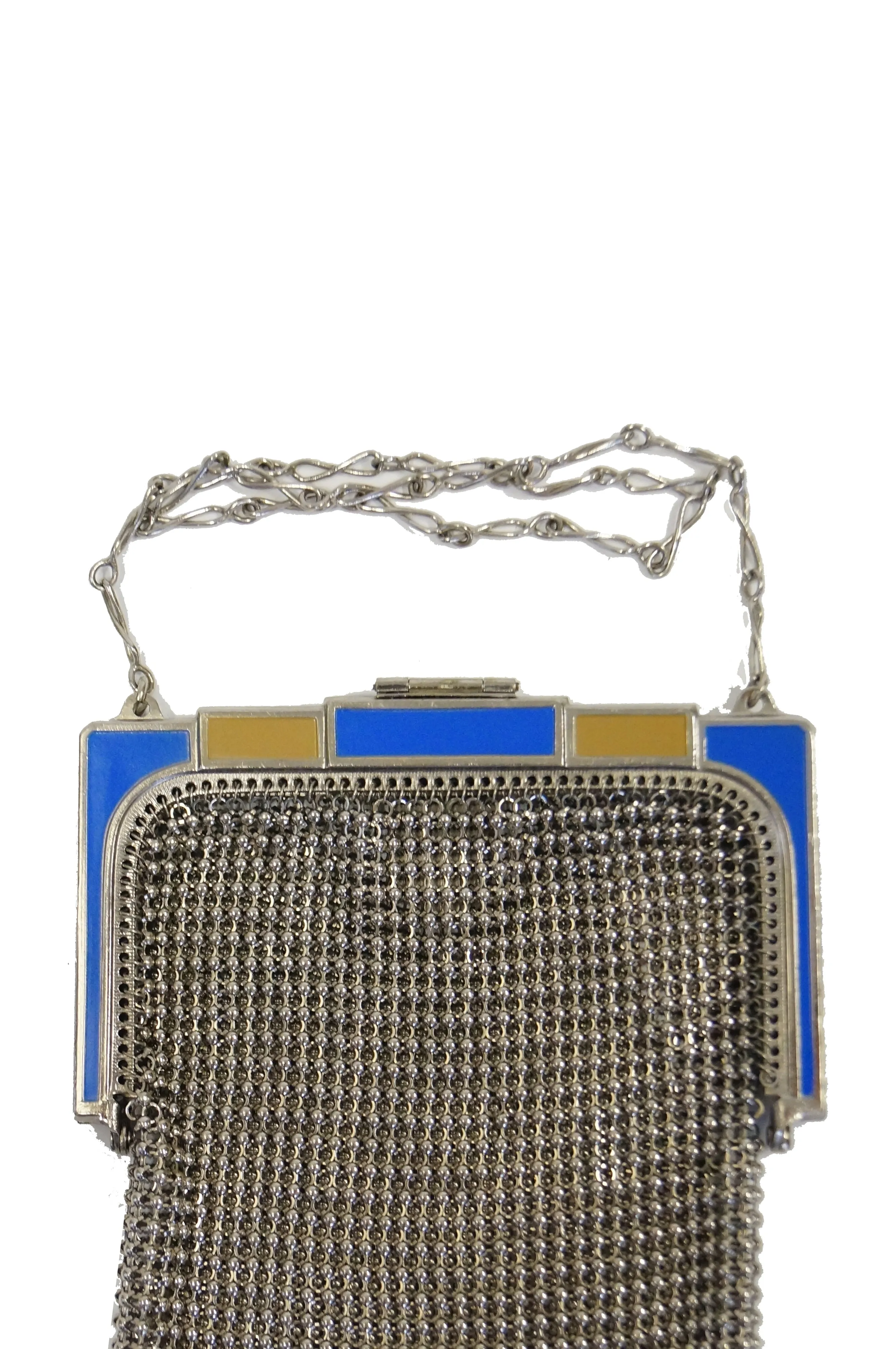 1920s Whiting and Davis Blue Enamel Art Deco Clasp Mesh Bag