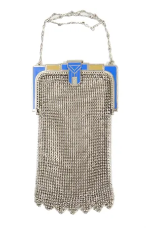 1920s Whiting and Davis Blue Enamel Art Deco Clasp Mesh Bag