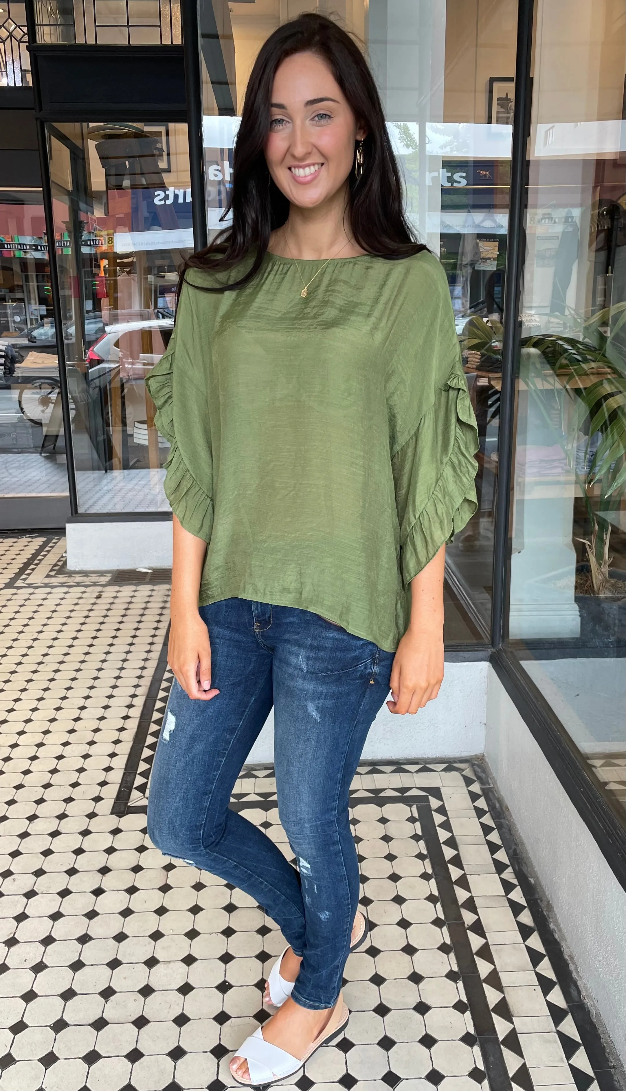 Alexa Ruffle Sleeve Top Olive