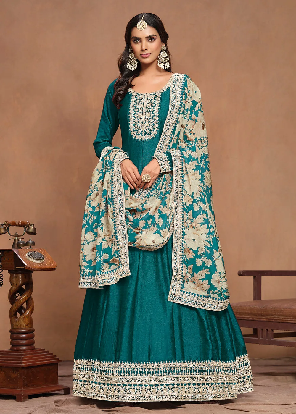 Art Silk Teal Embroidered Wedding Anarkali Gown