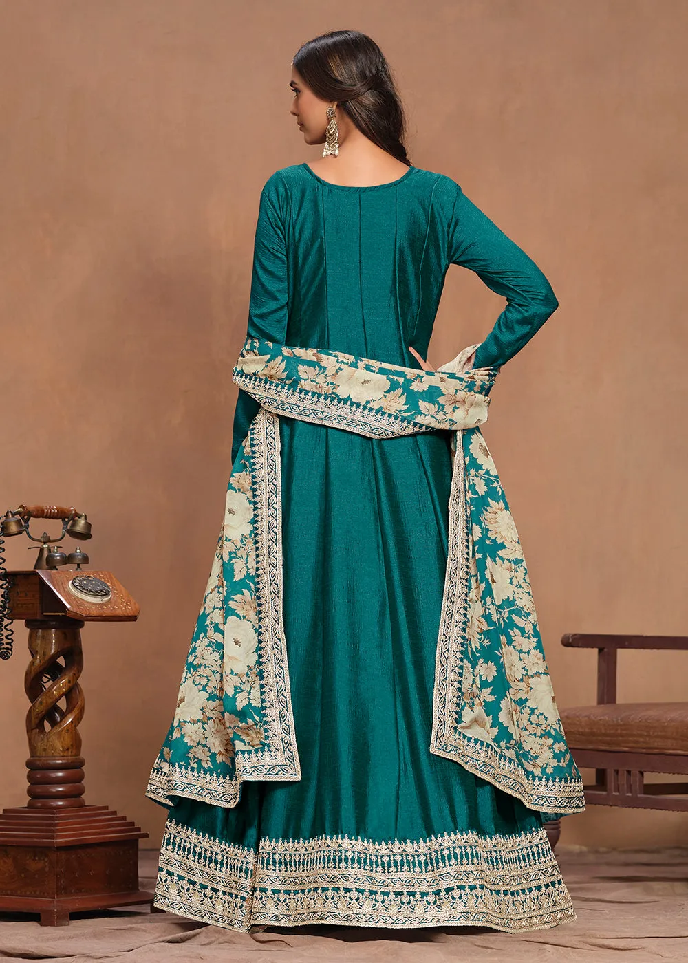 Art Silk Teal Embroidered Wedding Anarkali Gown