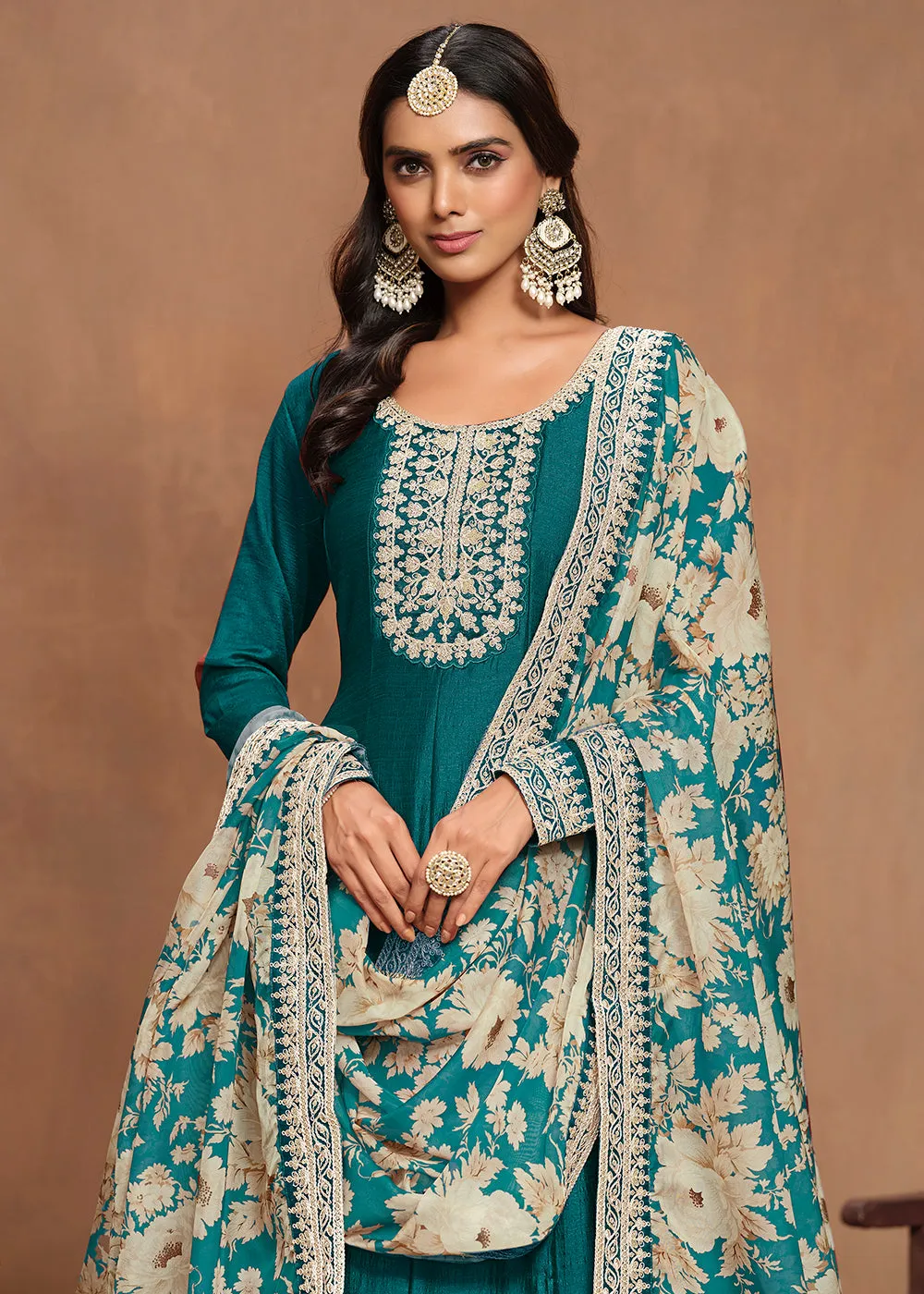 Art Silk Teal Embroidered Wedding Anarkali Gown