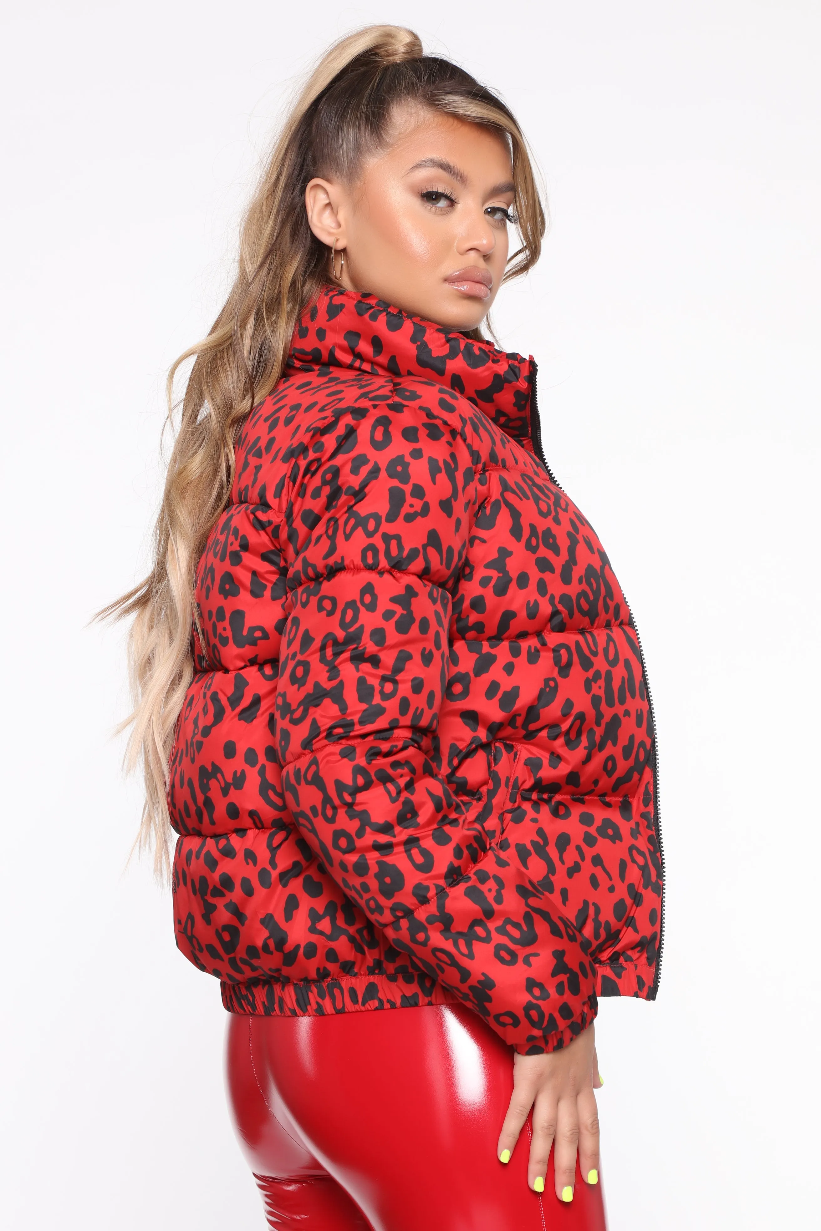 Bad Blood Cheetah Print Puffer Jacket - Red/combo