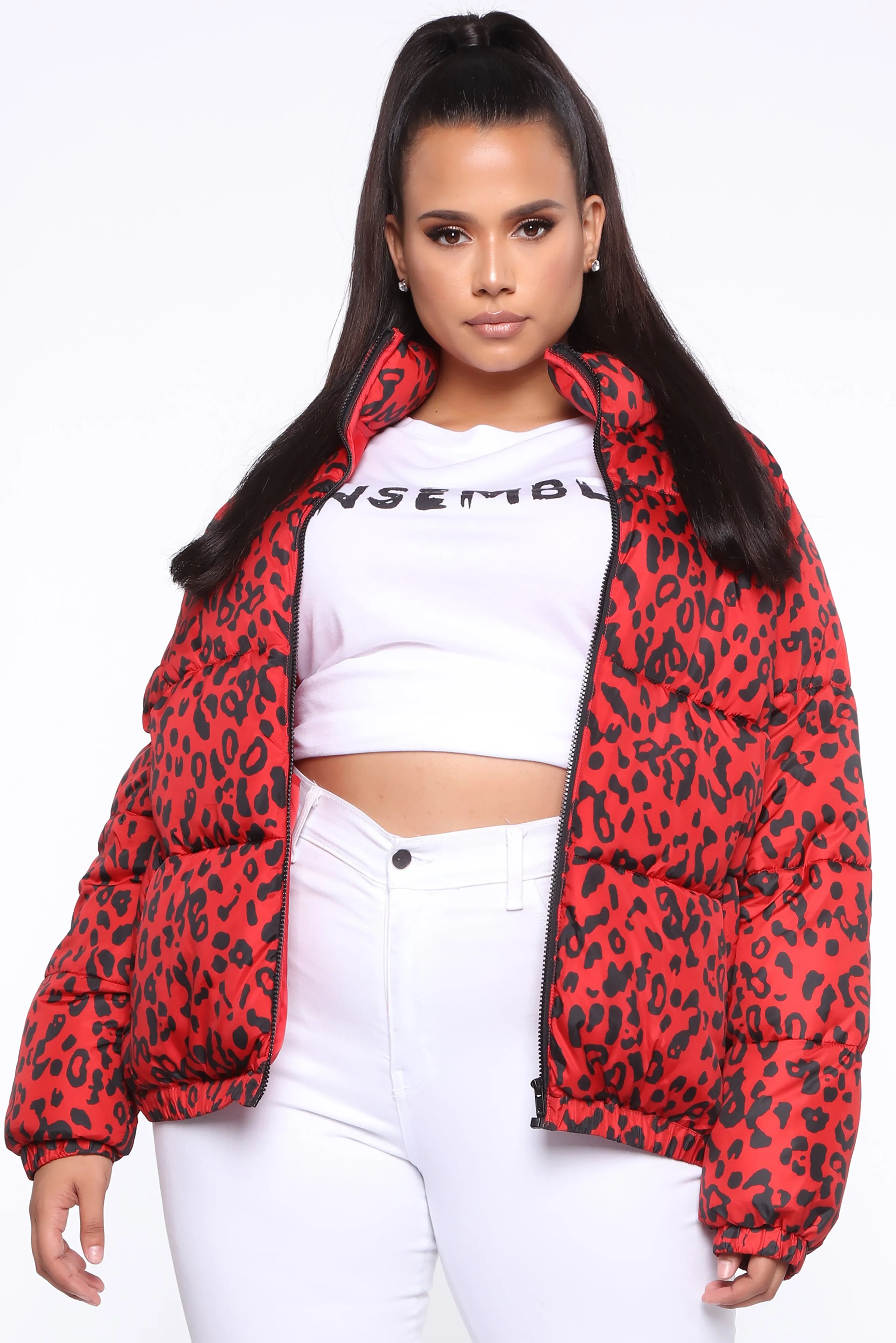 Bad Blood Cheetah Print Puffer Jacket - Red/combo