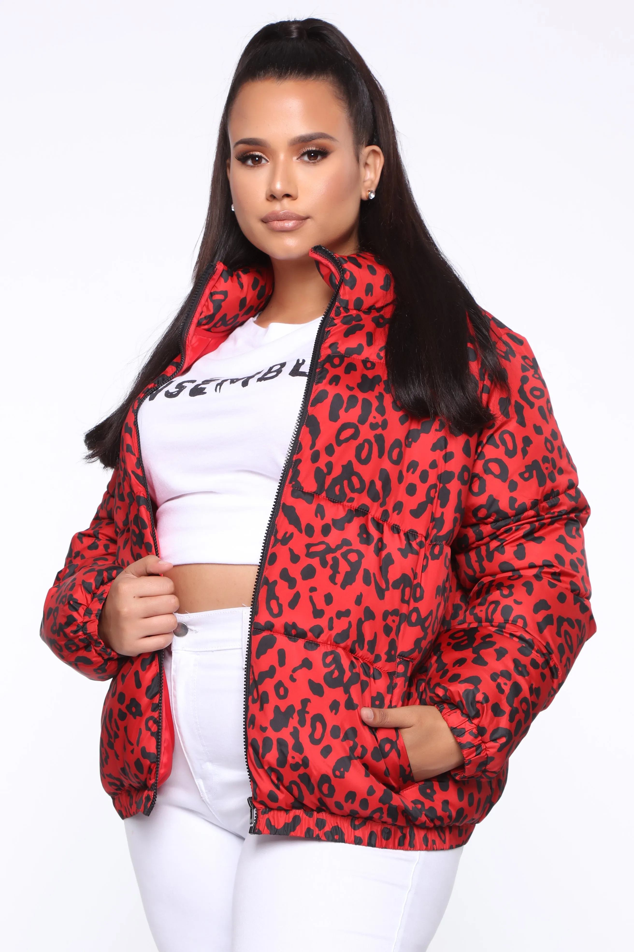 Bad Blood Cheetah Print Puffer Jacket - Red/combo