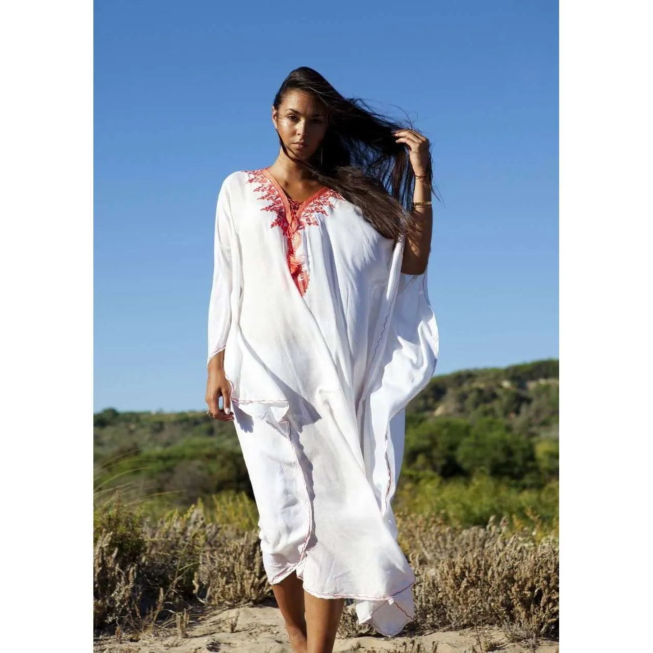 Beach White Neon Orange Embroidery Resort Caftan Kaftan -beach cover ups, beach wedding kaftan