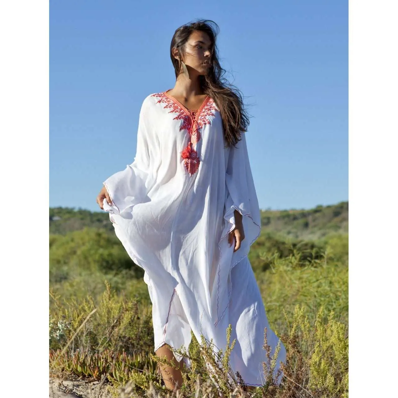 Beach White Neon Orange Embroidery Resort Caftan Kaftan -beach cover ups, beach wedding kaftan