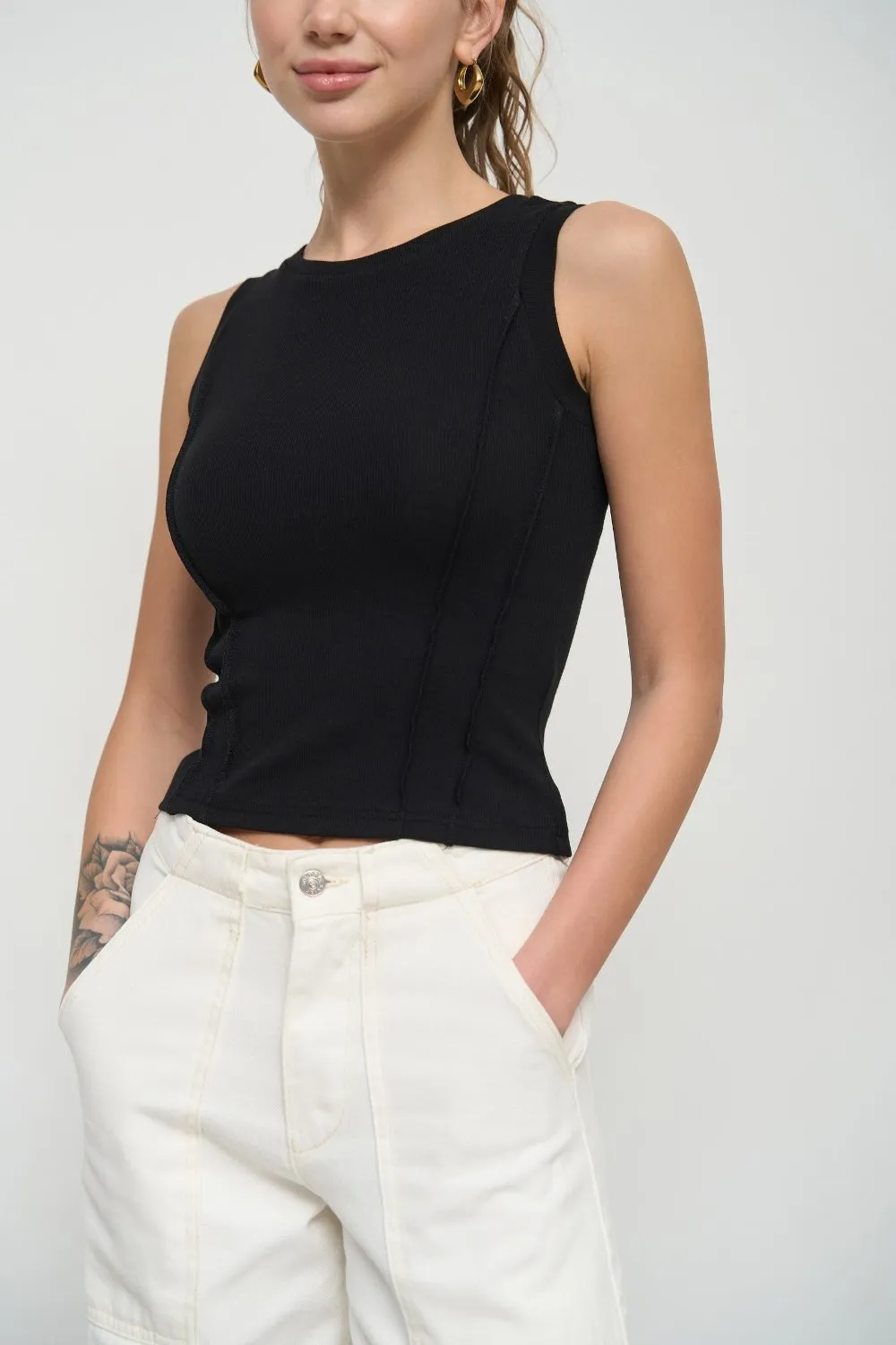 Black Ribbed Seam Detail Top