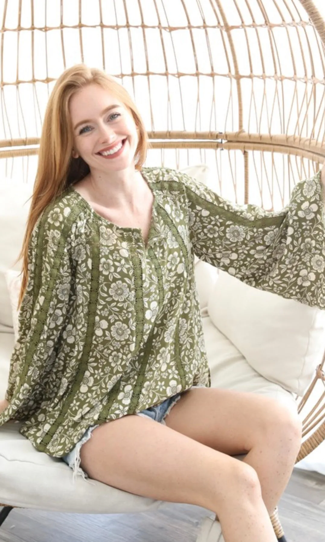 Candace Olive Lace Inset Bell Sleeve Blouse