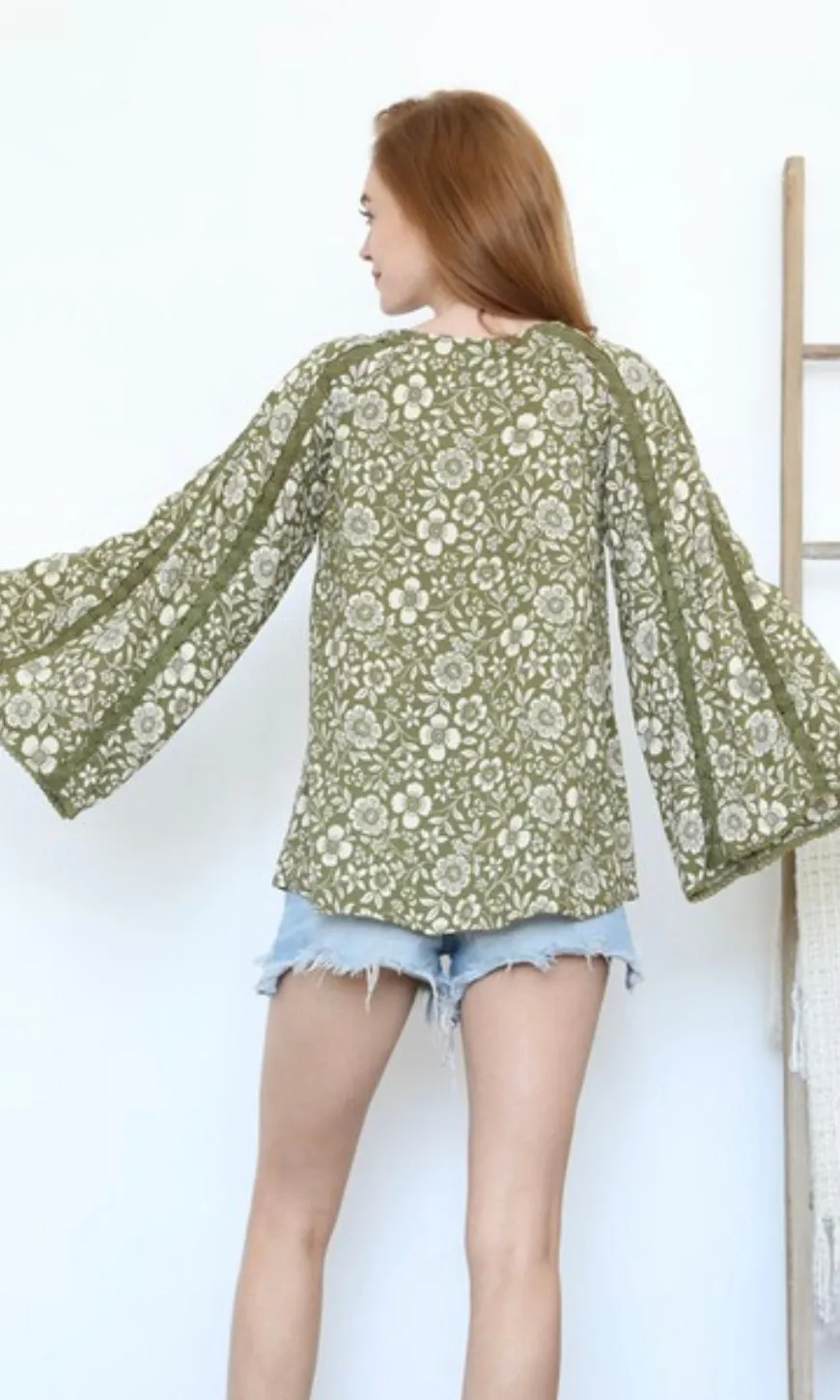 Candace Olive Lace Inset Bell Sleeve Blouse