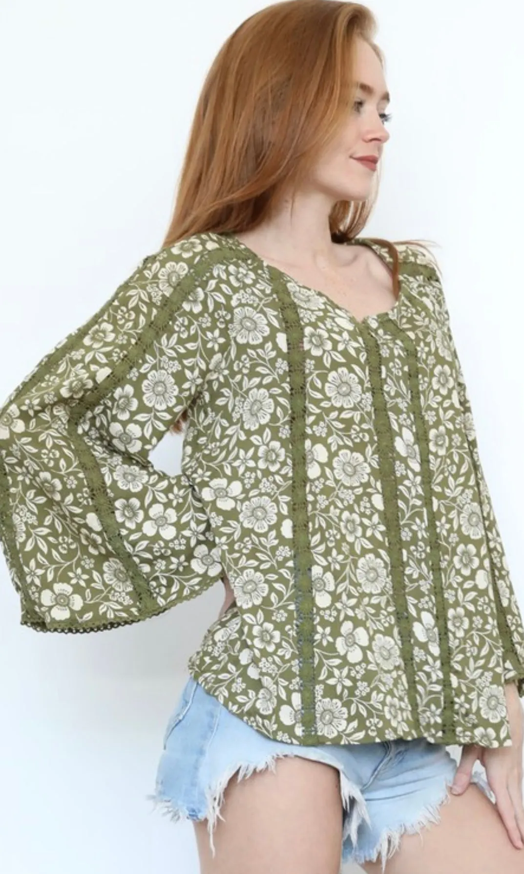 Candace Olive Lace Inset Bell Sleeve Blouse