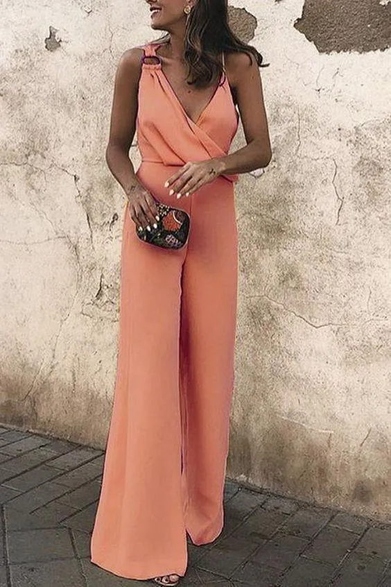 Casual  Loose Chiffon V Neck Straps Jumpsuit