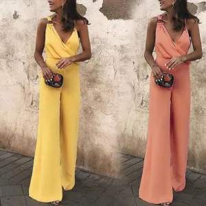 Casual  Loose Chiffon V Neck Straps Jumpsuit