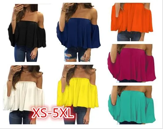 Chiffon Off Shoulder Shirts Strapless Short Sleeve Beach Tops Tee Feminine Plus Size 5XL