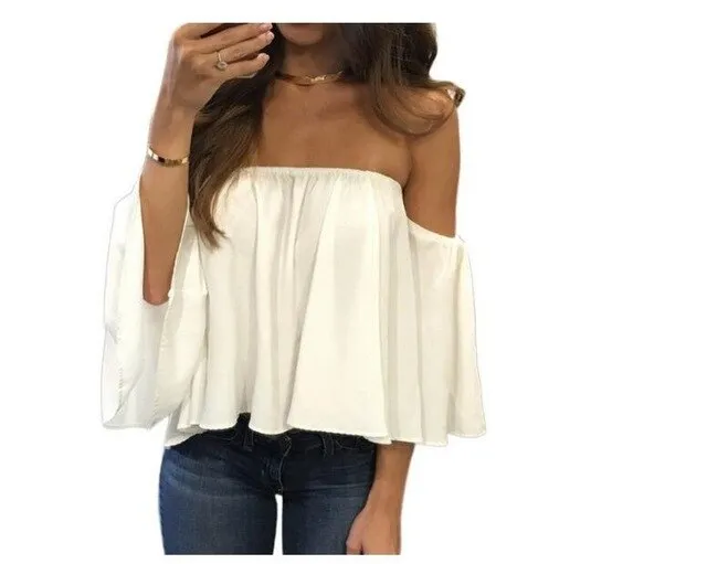 Chiffon Off Shoulder Shirts Strapless Short Sleeve Beach Tops Tee Feminine Plus Size 5XL