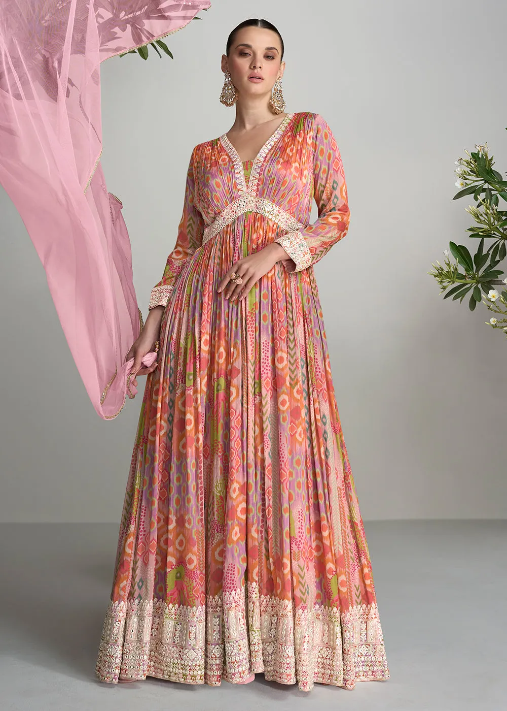 Digital Printed & Mirror Embroidered Anarkali Gown in Multicolor