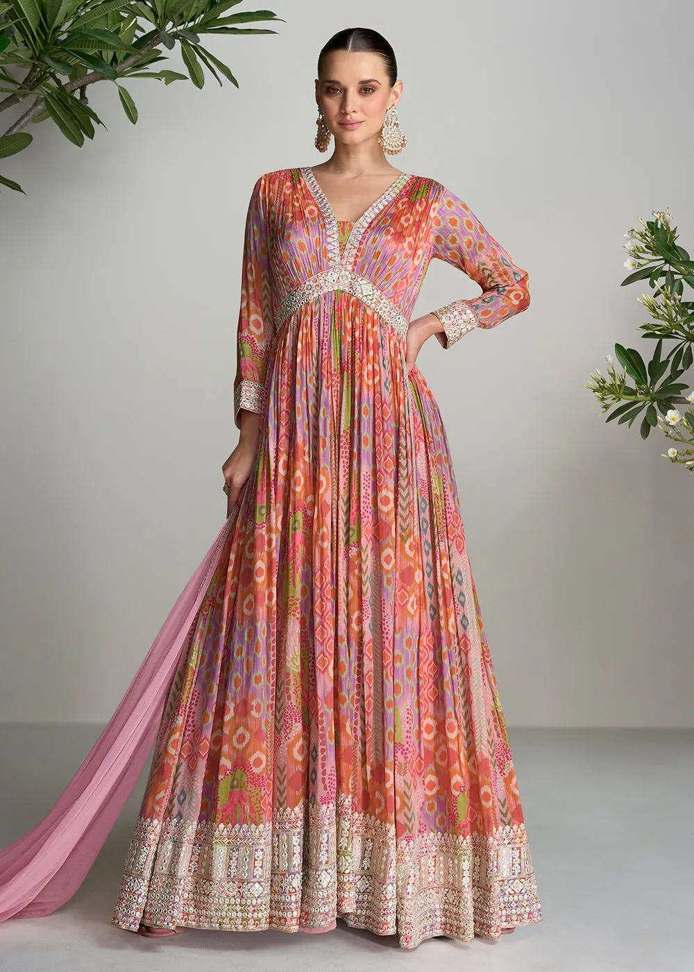 Digital Printed & Mirror Embroidered Anarkali Gown in Multicolor