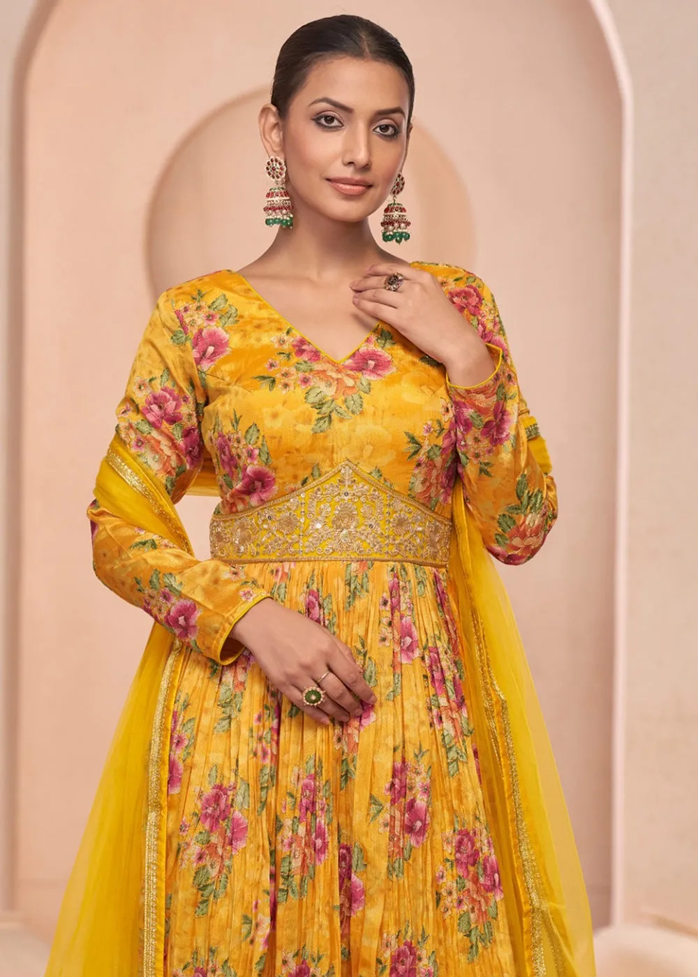 Digital Printed Yellow Embroidered Wedding Anarkali Gown