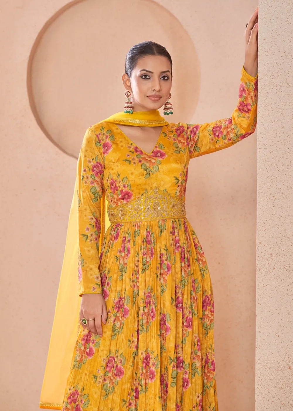 Digital Printed Yellow Embroidered Wedding Anarkali Gown