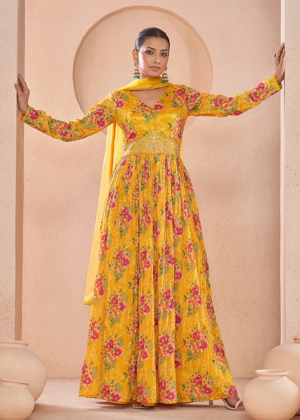 Digital Printed Yellow Embroidered Wedding Anarkali Gown