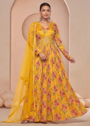 Digital Printed Yellow Embroidered Wedding Anarkali Gown