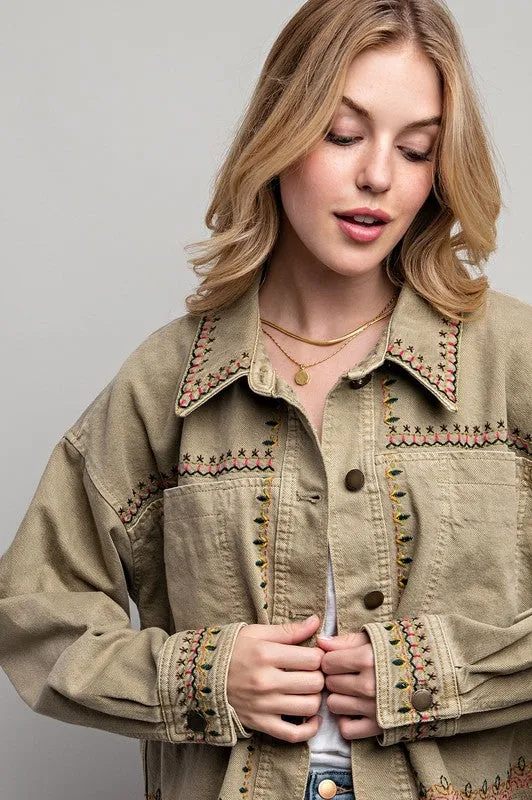 Embroidered Khaki Wash Cotton Jacket