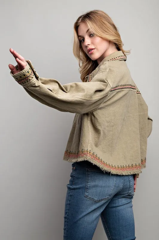 Embroidered Khaki Wash Cotton Jacket