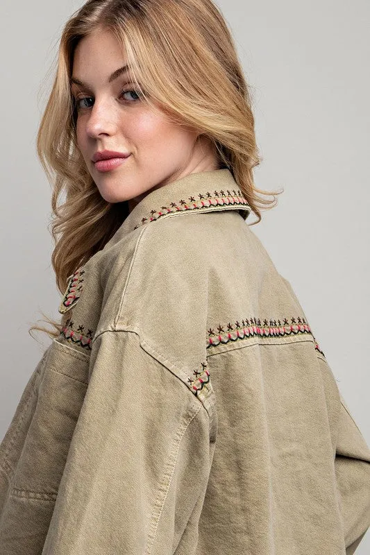 Embroidered Khaki Wash Cotton Jacket