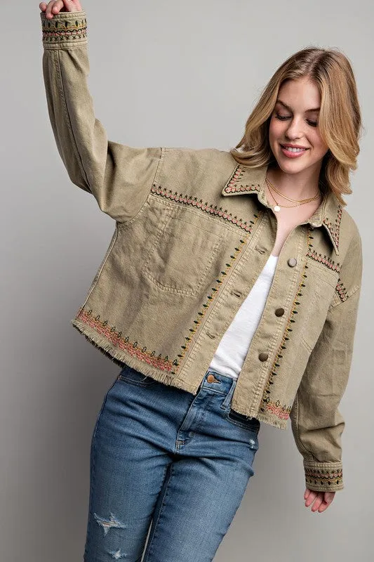 Embroidered Khaki Wash Cotton Jacket