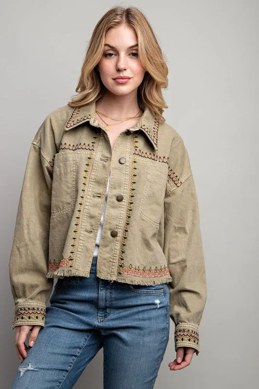 Embroidered Khaki Wash Cotton Jacket