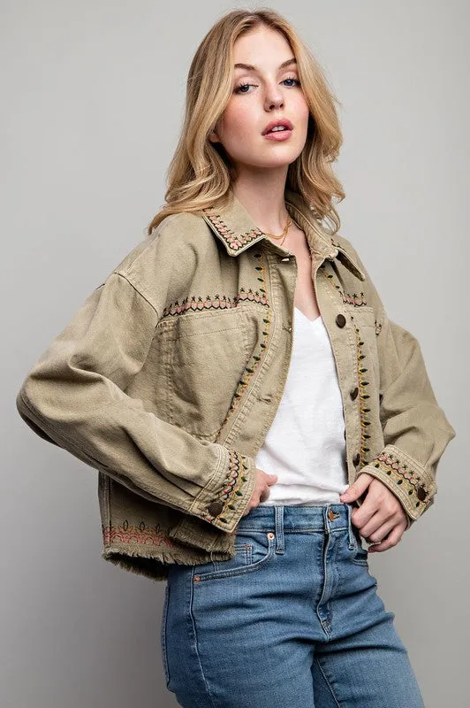 Embroidered Khaki Wash Cotton Jacket