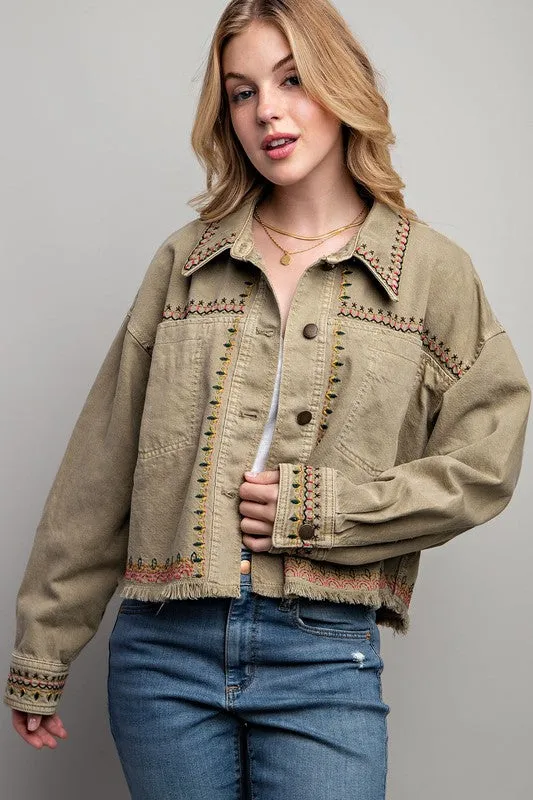 Embroidered Khaki Wash Cotton Jacket