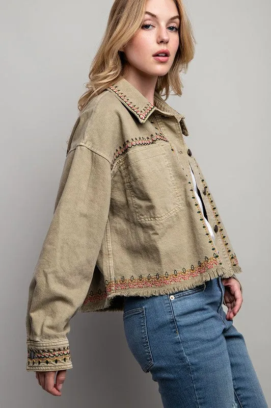 Embroidered Khaki Wash Cotton Jacket