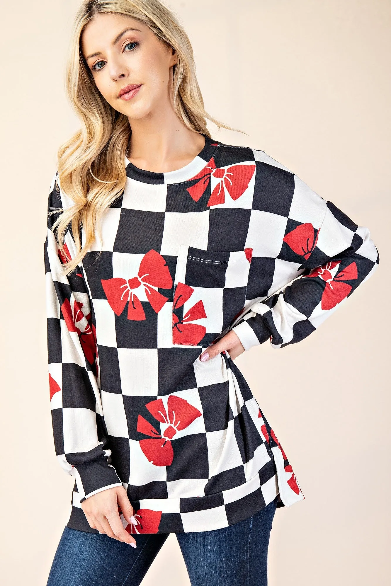 Full Size Checkered Bow Print Round Neck T-Shirt