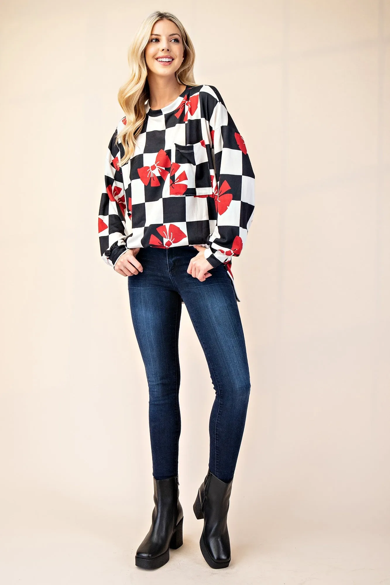 Full Size Checkered Bow Print Round Neck T-Shirt