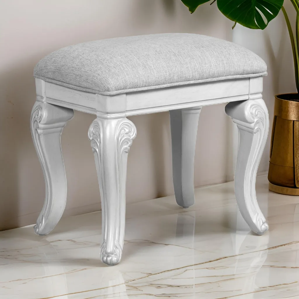 Hailey 19 Inch Royal Vanity Stool Scrolled Design, Gray Padded Top, Wood By Casagear Home