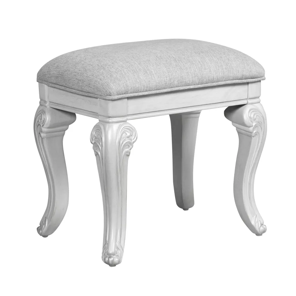 Hailey 19 Inch Royal Vanity Stool Scrolled Design, Gray Padded Top, Wood By Casagear Home