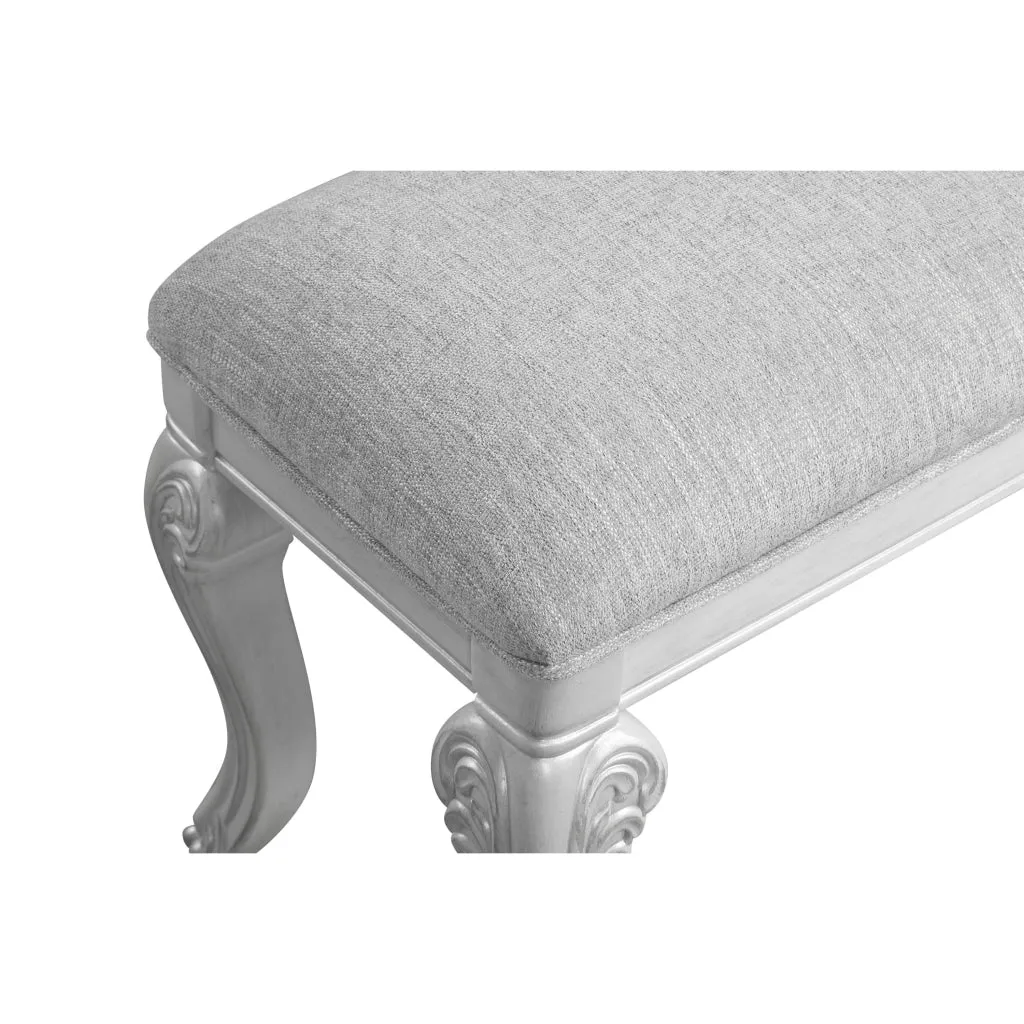 Hailey 19 Inch Royal Vanity Stool Scrolled Design, Gray Padded Top, Wood By Casagear Home