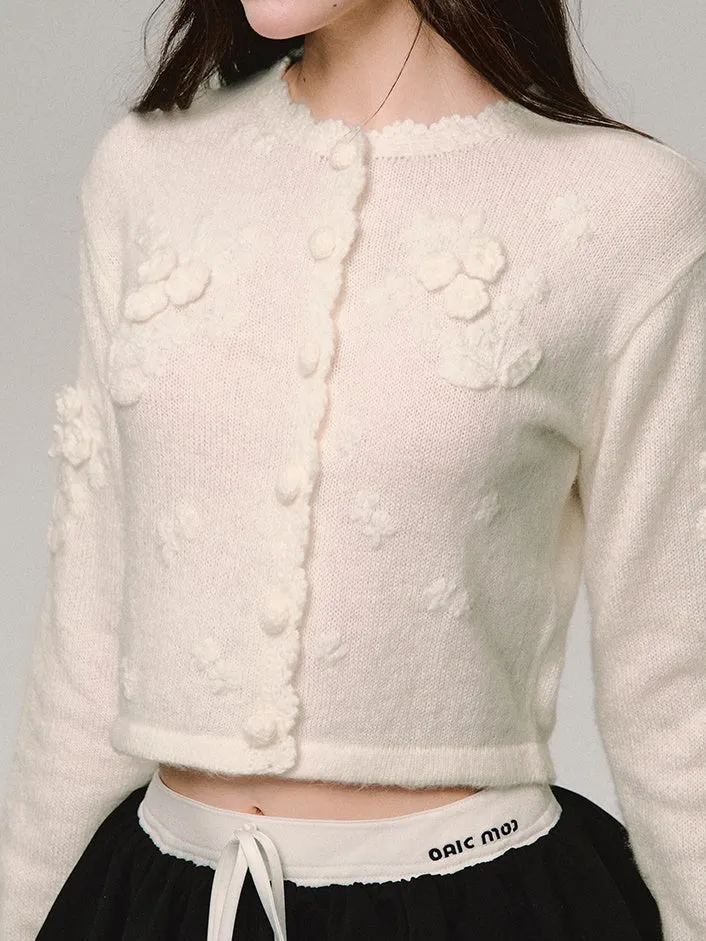 Knit Flower 3D Crew-Neck Feminine Lace Cardigan