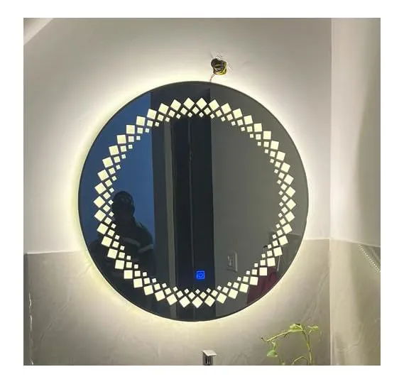 LAXMI Glass Shop Wall Mounted Led Touch Sensor Mirror with Aluminum Frame | LED Illuminated Modern Geometric Pattern Vanity Round Mirror for Bedroom, Bathroom & Makeup Room (24inch x 24inch)