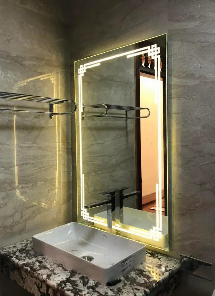 LAXMI Glass Shop Wall Mounted Led Touch Sensor Mirror with Aluminum Frame | LED Illuminated Modern Vanity Rectangle Mirror for Bathroom, Bedroom & Makeup Room (24inch x 24inch) Model-8