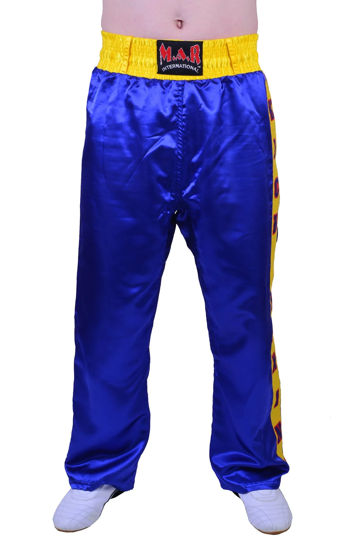 MAR-087C | Blue & Yellow Kickboxing Trousers w/ Embroidered Writing