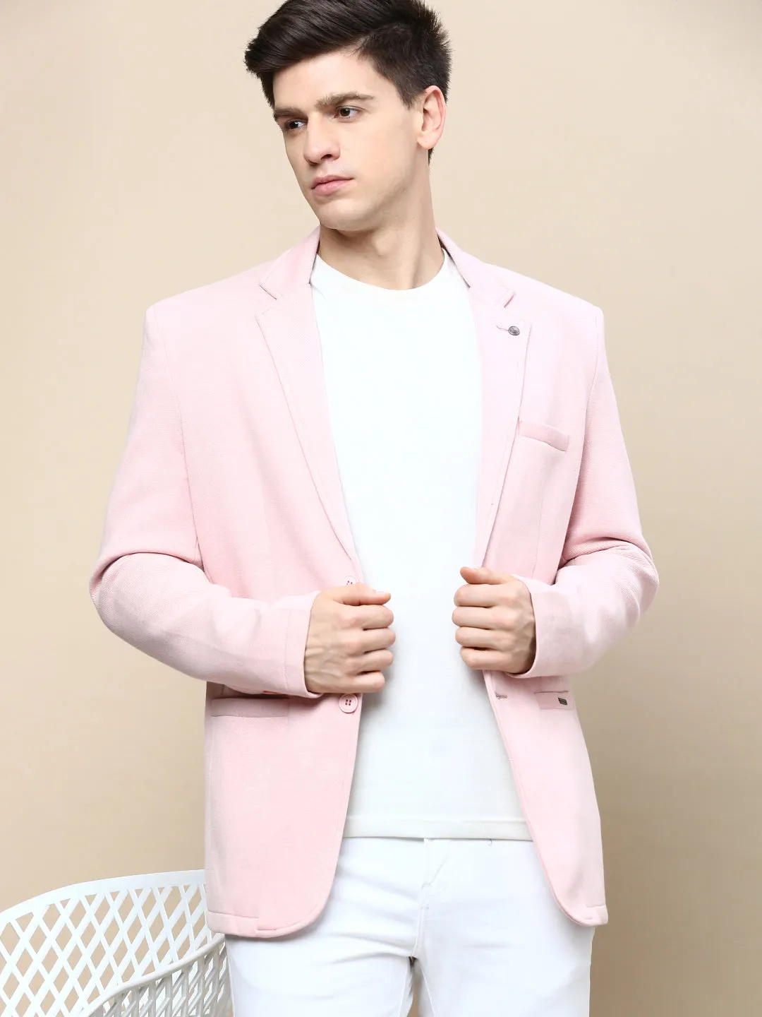 Men Pink Solid Casual Blazers