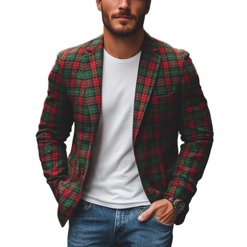 Men's Casual Notch Lapel Contrast Color Christmas Plaid Single-breasted Blazer 09626197M