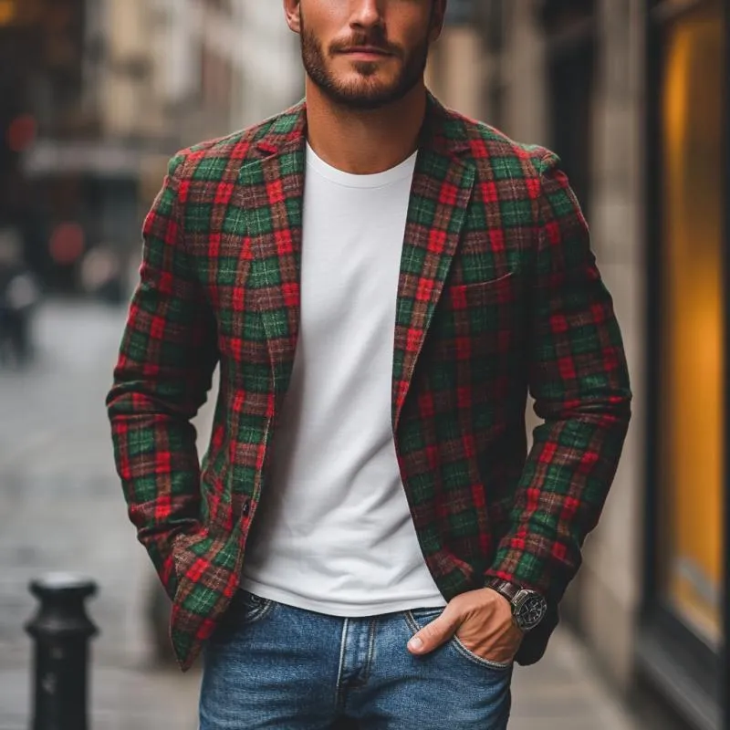 Men's Casual Notch Lapel Contrast Color Christmas Plaid Single-breasted Blazer 09626197M