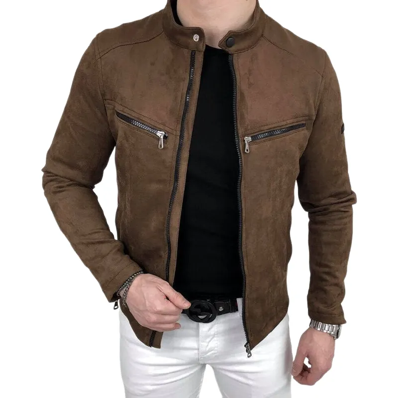 Men's Casual Suede Stand Collar Zipper Slim Jacket 32406856M