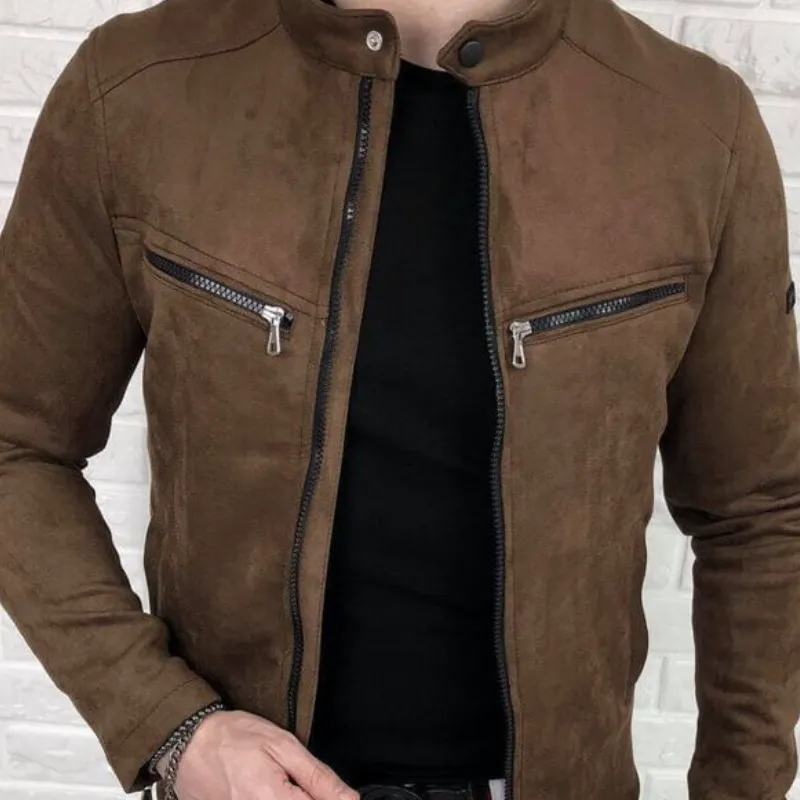 Men's Casual Suede Stand Collar Zipper Slim Jacket 32406856M