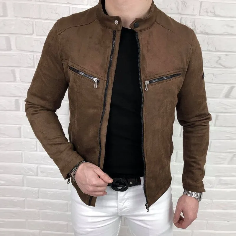 Men's Casual Suede Stand Collar Zipper Slim Jacket 32406856M