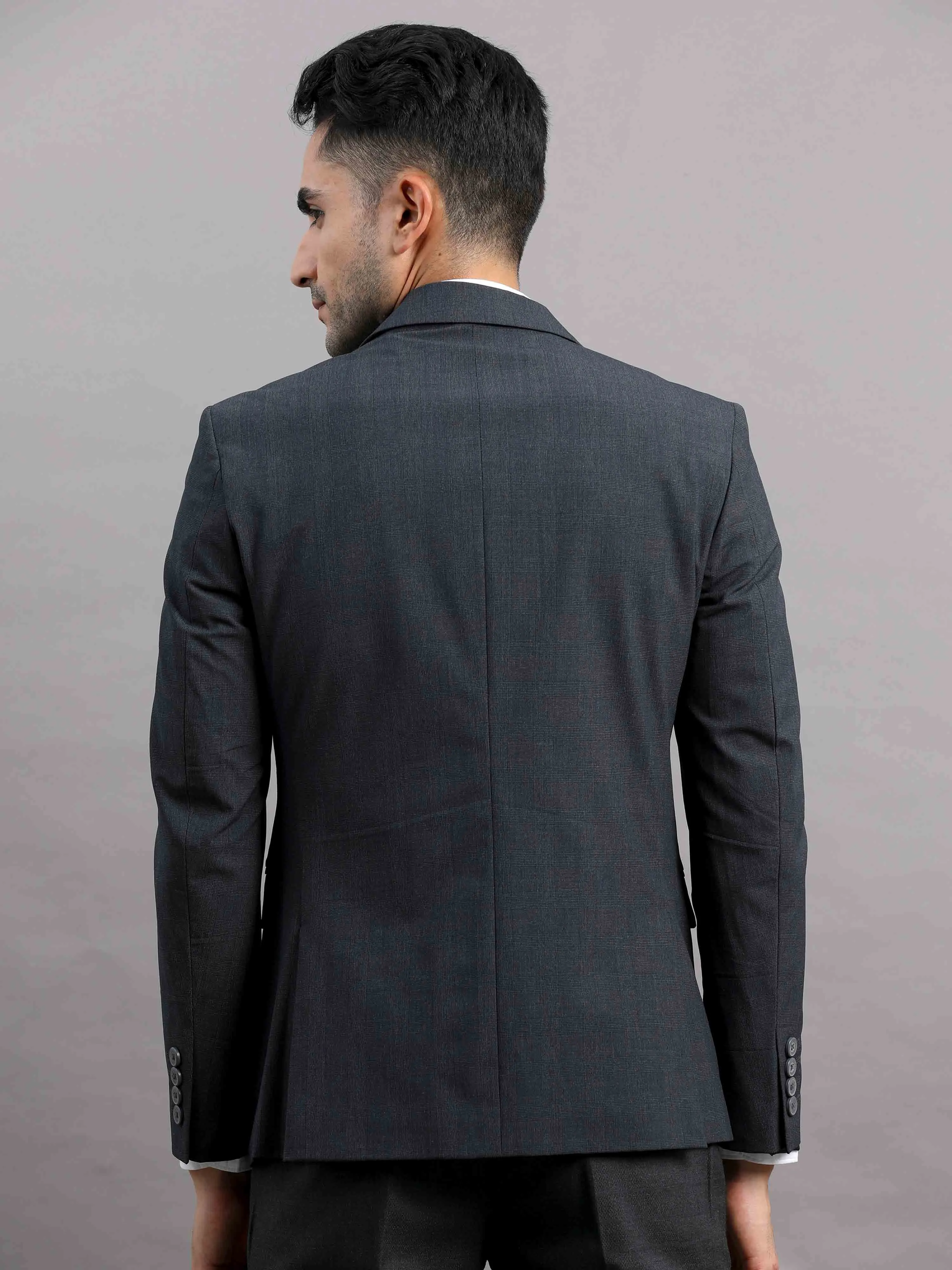 Men's Dark Grey Slim Fit Cotton Blend Full Sleeve Checks Casual Blazer